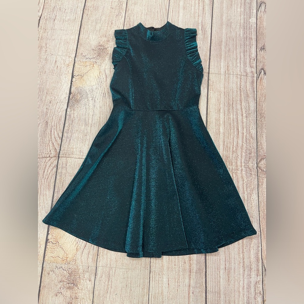 😍Ava & Yelly green metallic dress short sleeve with ruffles high collar size 14